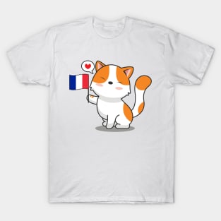 Cute Cat Holding France Flag T-Shirt